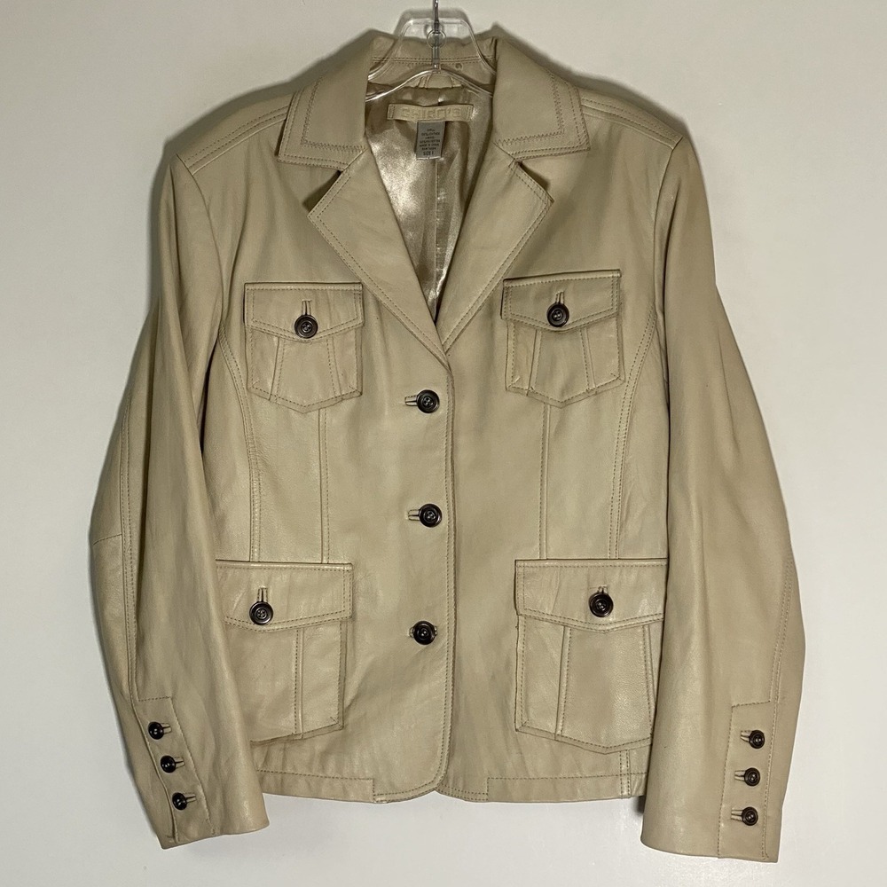 Chicos Jacket Womens Sz 1 Medium Beige Leather 3 Button Pockets Classic Lined M
